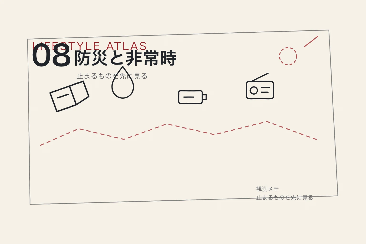 電気、水、通信、物流が止まる場面を手書きで並べた仮の挿絵。