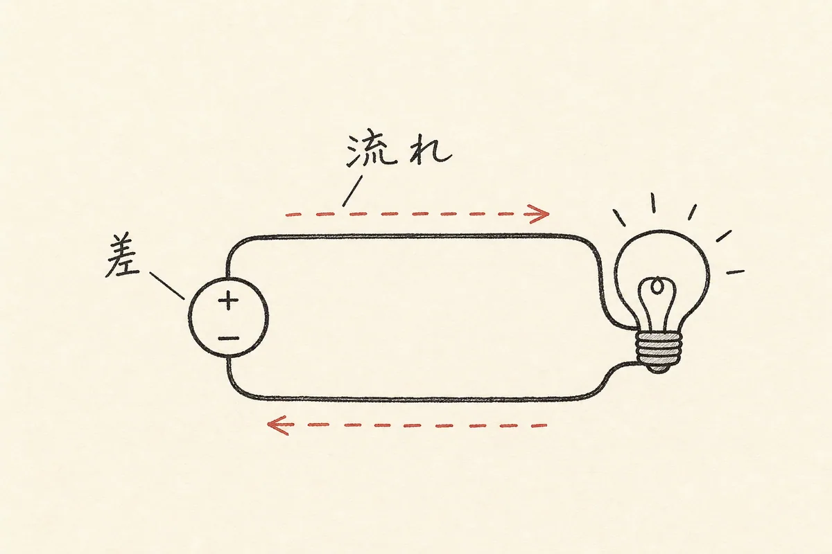 電気を、差から生まれる流れとして豆電球につなげた手書き図。