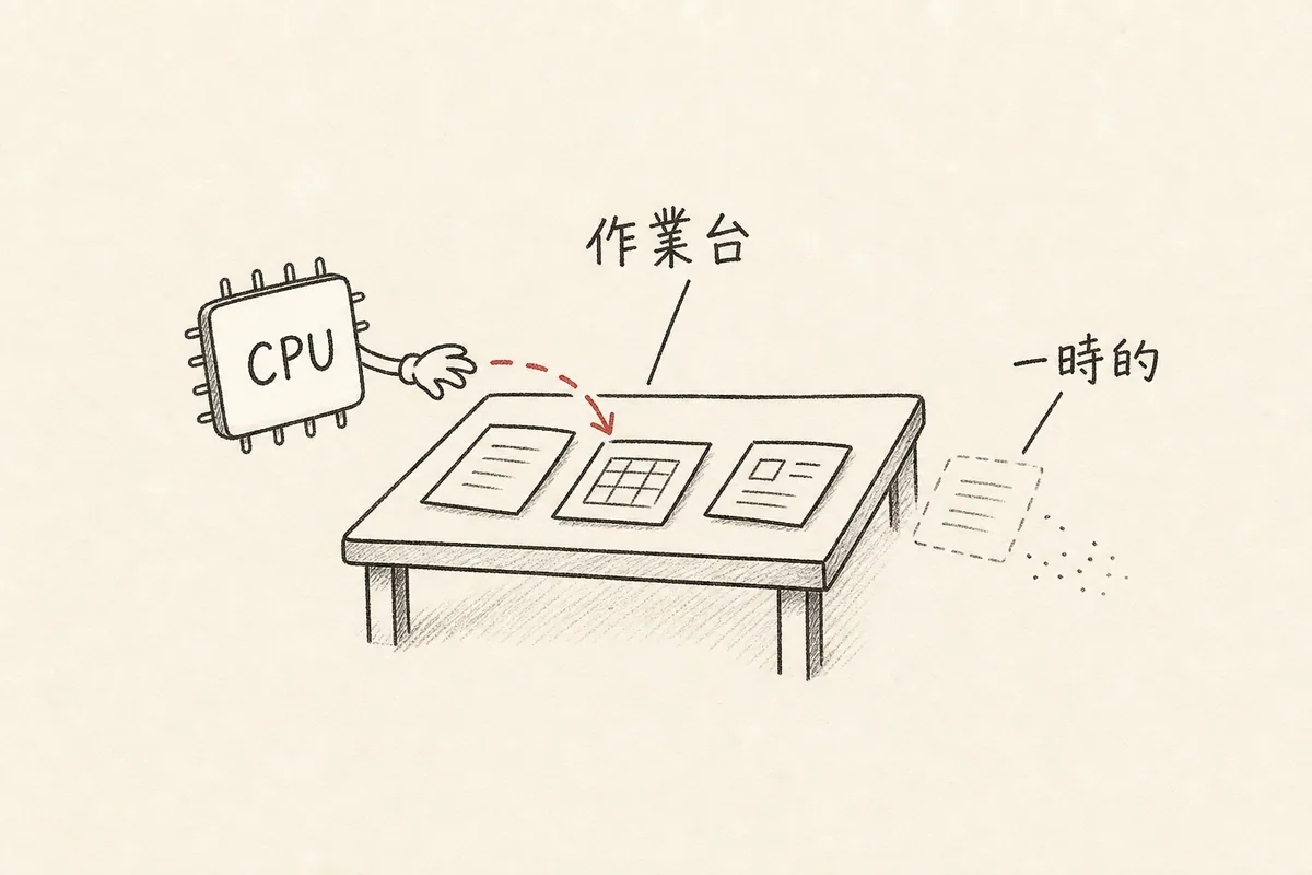 メモリを、CPUが作業中の紙を広げる作業台として描いた手書き図。