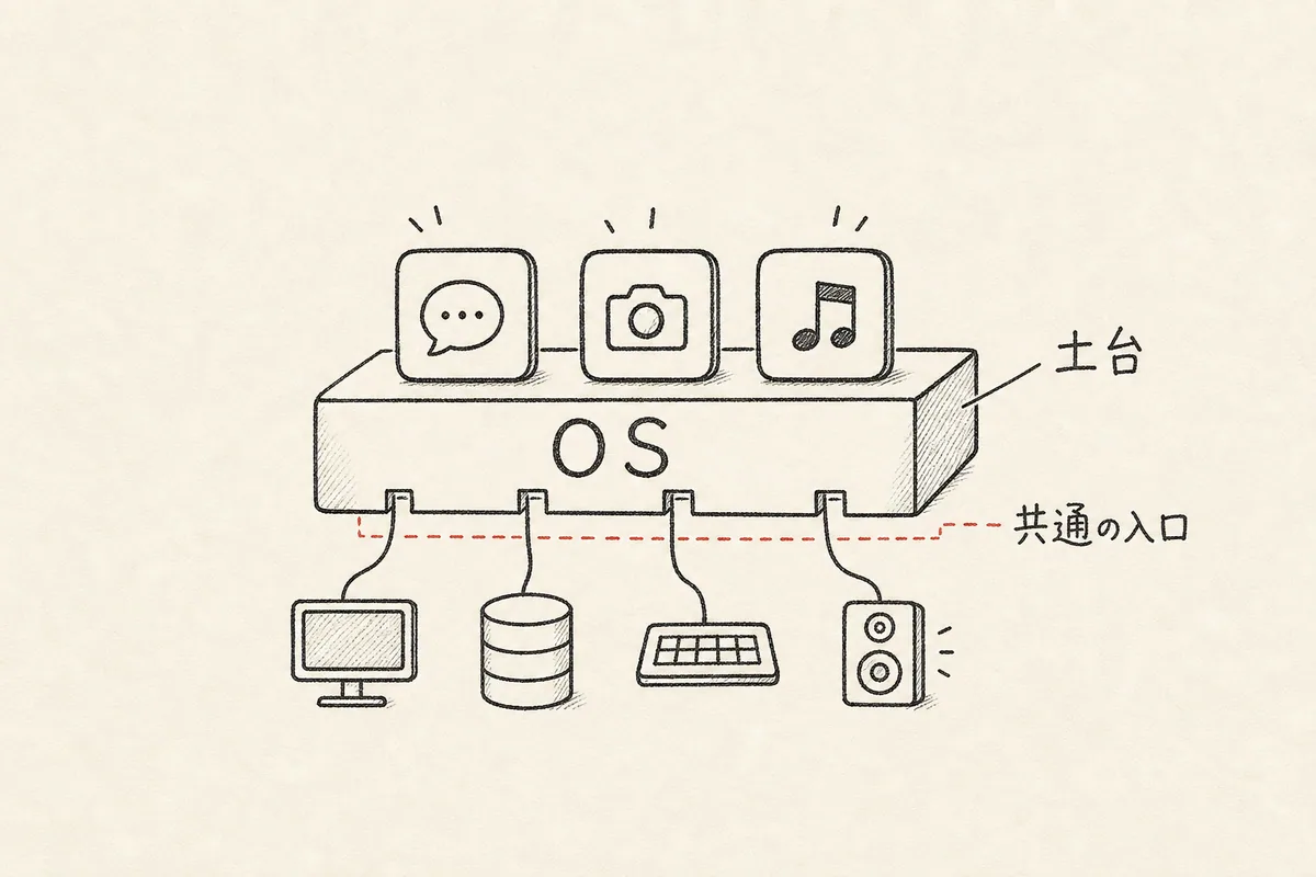 OSを、アプリが乗る土台と機械の部品への共通入口として描いた手書き図。